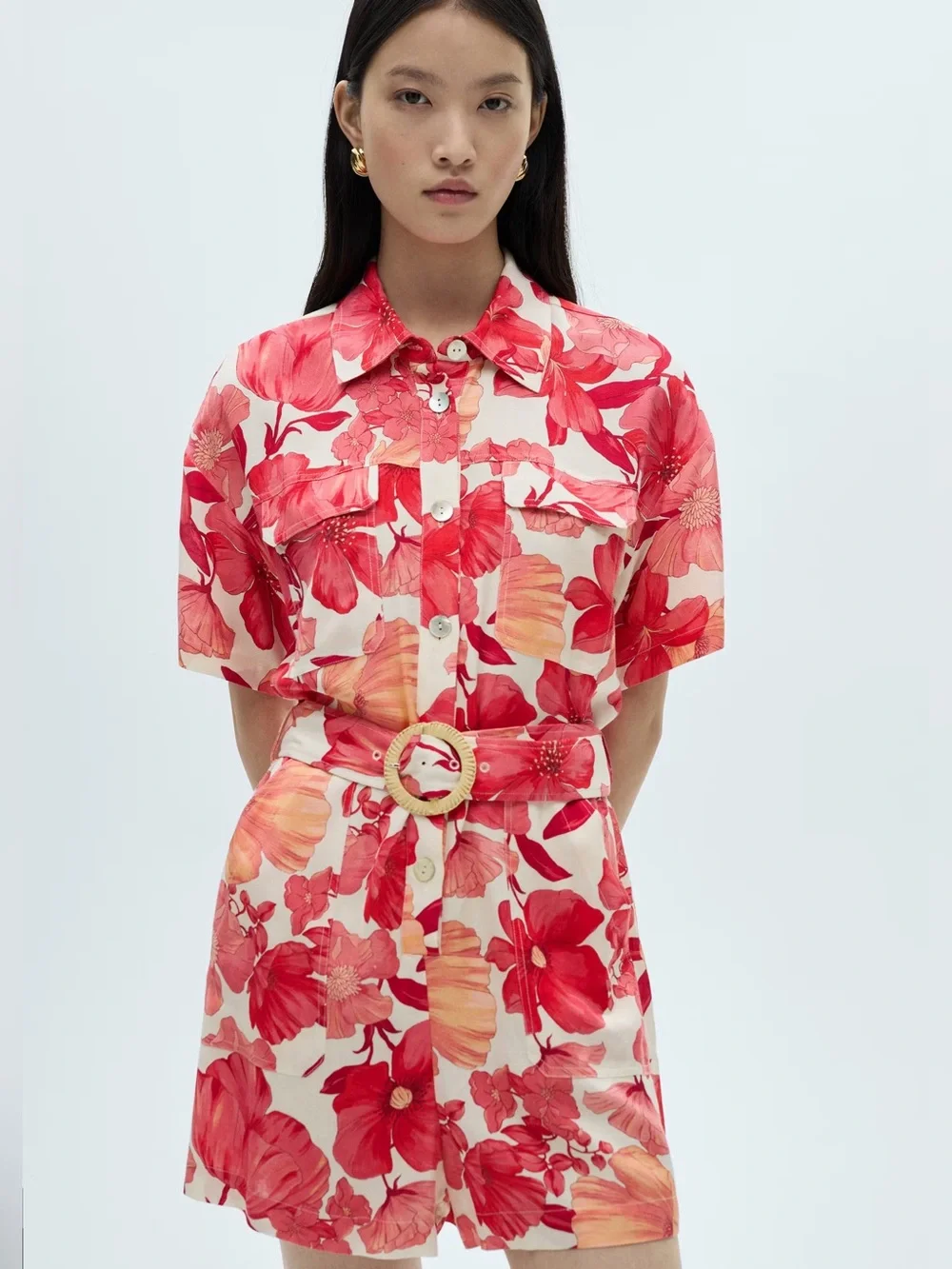 Mango Red floral print short jumpsuit NWT